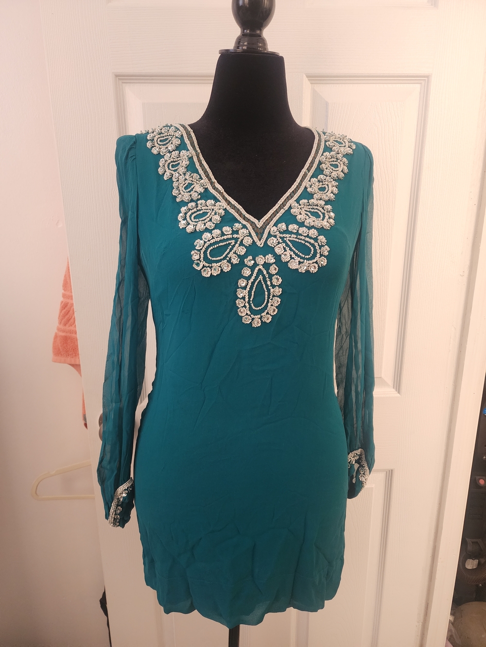 French Connection Teal Embellished V-Neck Long Sleeve Dress